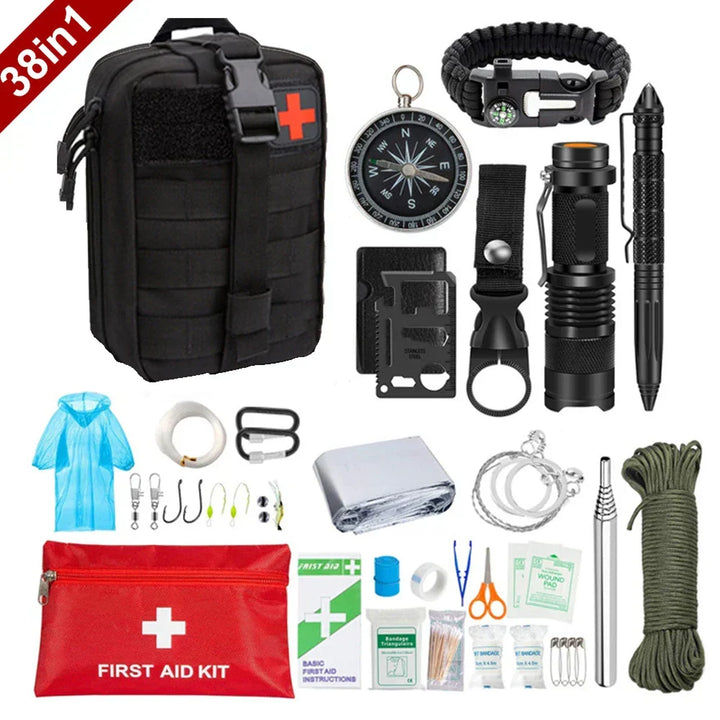 Open 38-in-1 survival kit with first aid supplies, tactical tools & wilderness survival gear visible inside.