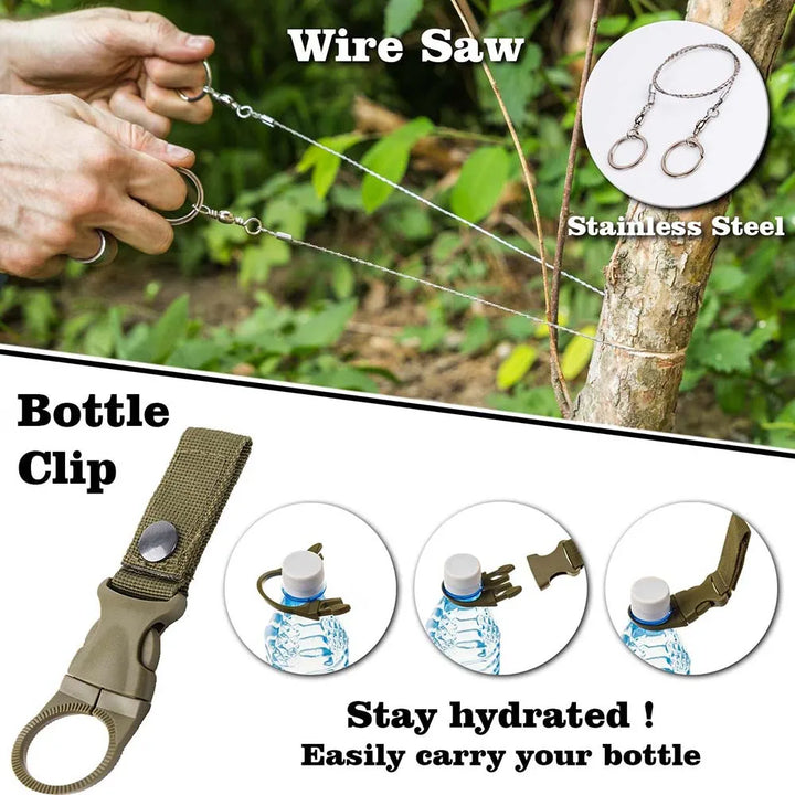 Compact 38-in-1 first aid & survival kit with MOLLE compatibility, perfect for hiking, camping & tactical use.