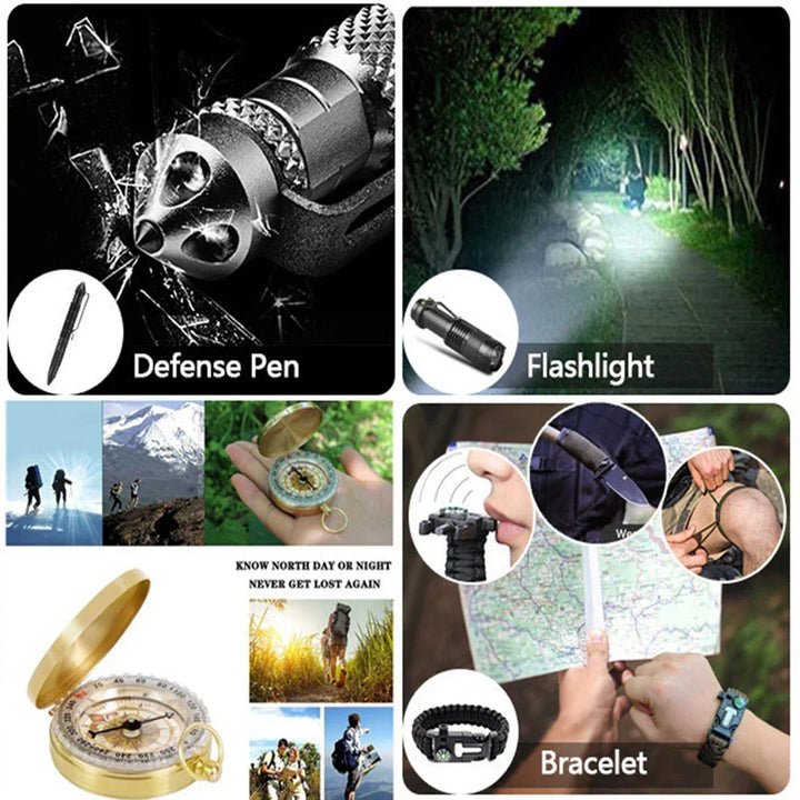 Rugged 38-in-1 emergency survival kit for wilderness adventures. Essential first aid & outdoor gear for hikers.