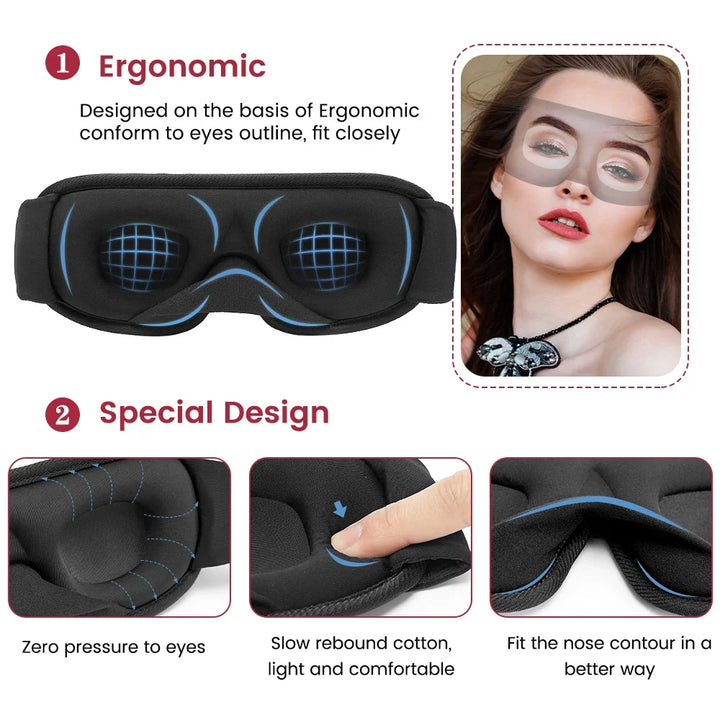 Ergonomic 3D contoured eye mask providing total blackout & comfort for restful sleep.