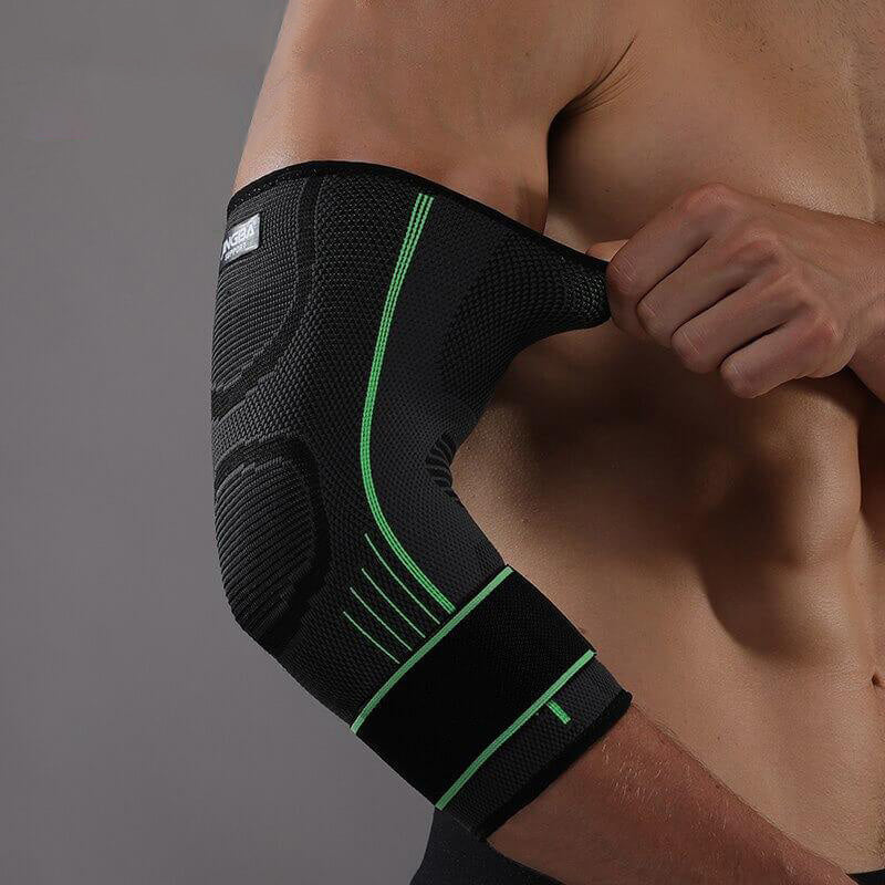 Unisex 3D elbow brace for compression support, joint pain relief, & recovery from sports injuries.