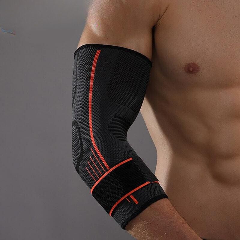 Breathable FlexiElbow 3D elbow brace for muscle support & pain relief during active lifestyle & fitness.
