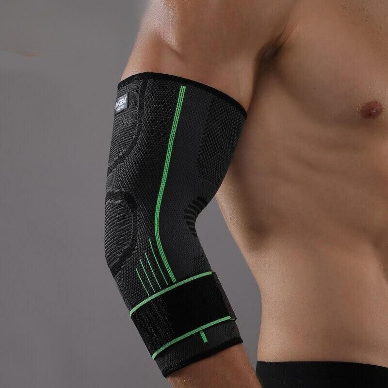 Advanced 3D knit elbow brace providing decompression & support for pain relief, suitable for active use.