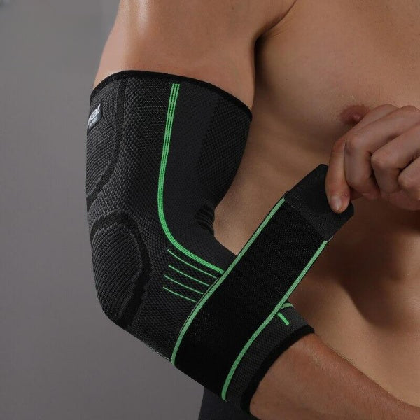 Compression elbow brace for arm support, joint pain relief, & sports injury recovery, suitable for unisex active use.