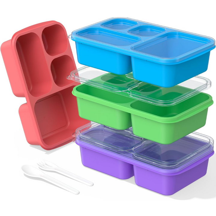 Unisex 4-pack bento lunch boxes with multiple compartments for easy meal prep & portion control.