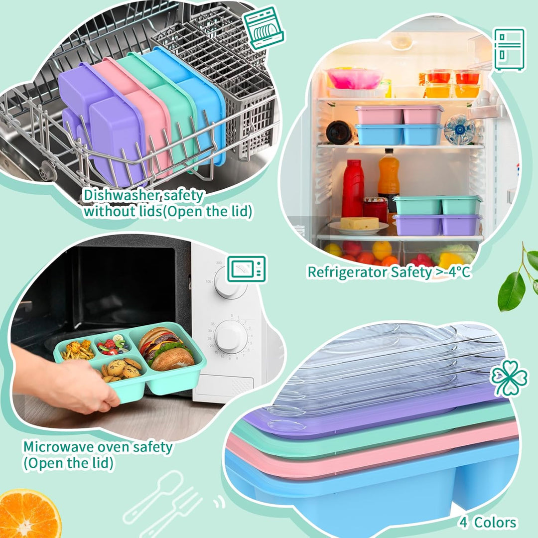 Stack of 4 vibrant bento meal prep containers, designed for efficient refrigerator and cabinet storage.