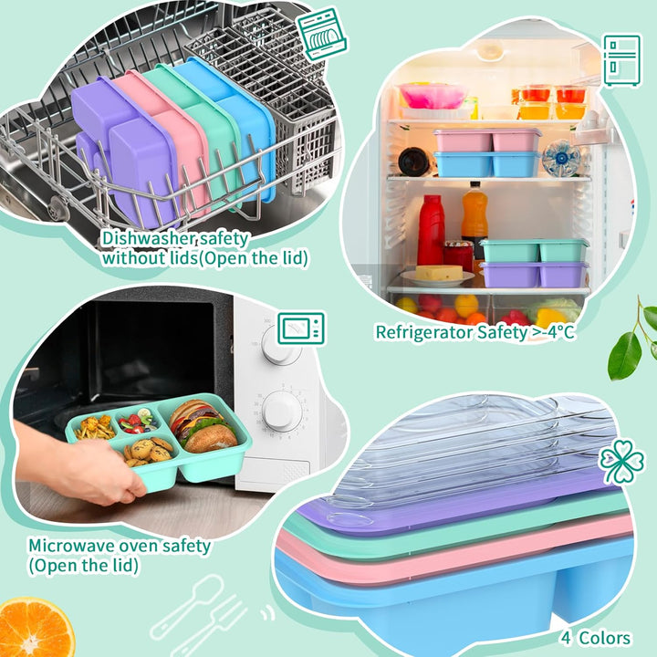 Stack of 4 vibrant bento meal prep containers, designed for efficient refrigerator and cabinet storage.
