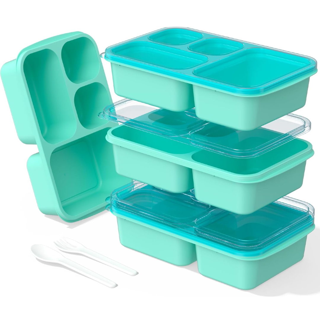 Durable reusable food storage containers: 4-pack bento boxes with secure lids & separate sections.