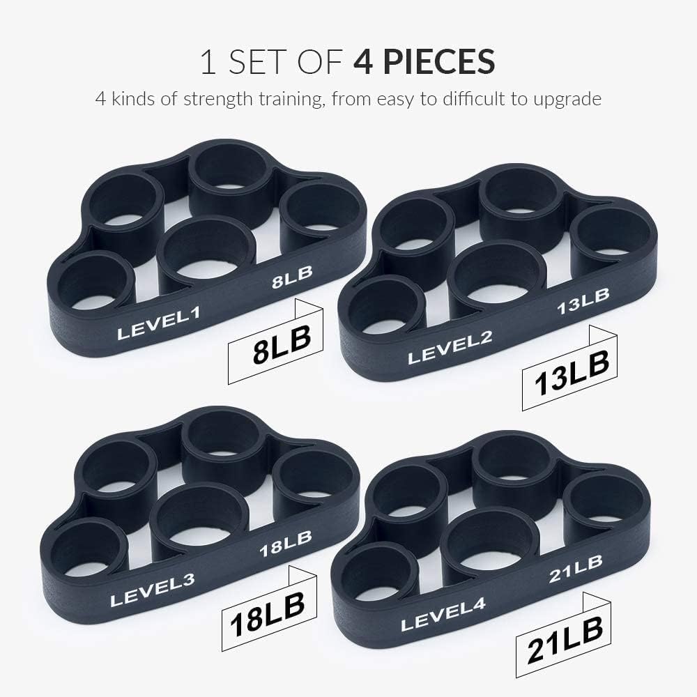 Portable 4-pack hand grip strengtheners for forearm workout, finger exerciser, and hand rehabilitation.