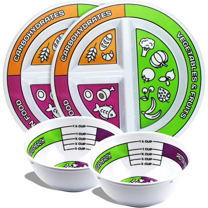Unisex 4-piece portion control plates & bowls set for healthy eating, diet & weight loss. Self-measure dinnerware.