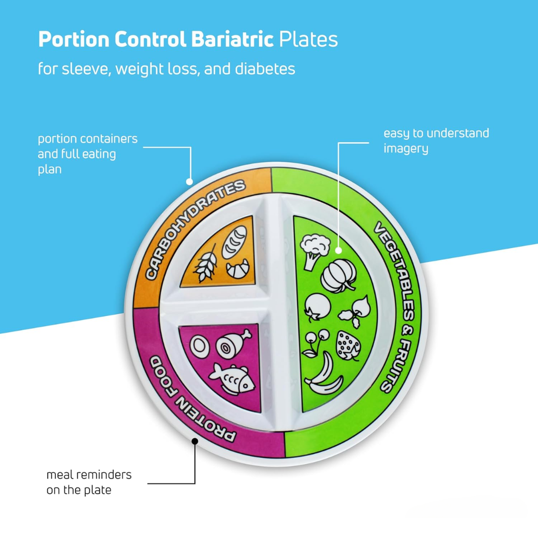 Portion control dinner plates with self-measure guides for balanced meals, weight loss & meal planning.