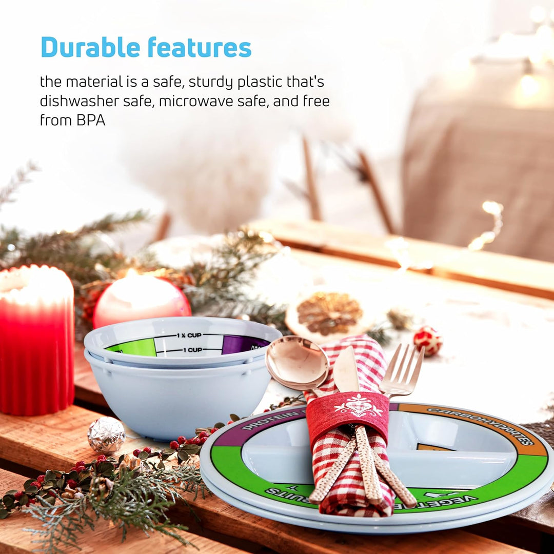 Achieve weight loss goals with this 4-piece portion control dinnerware set. Ideal for diet & healthy eating.
