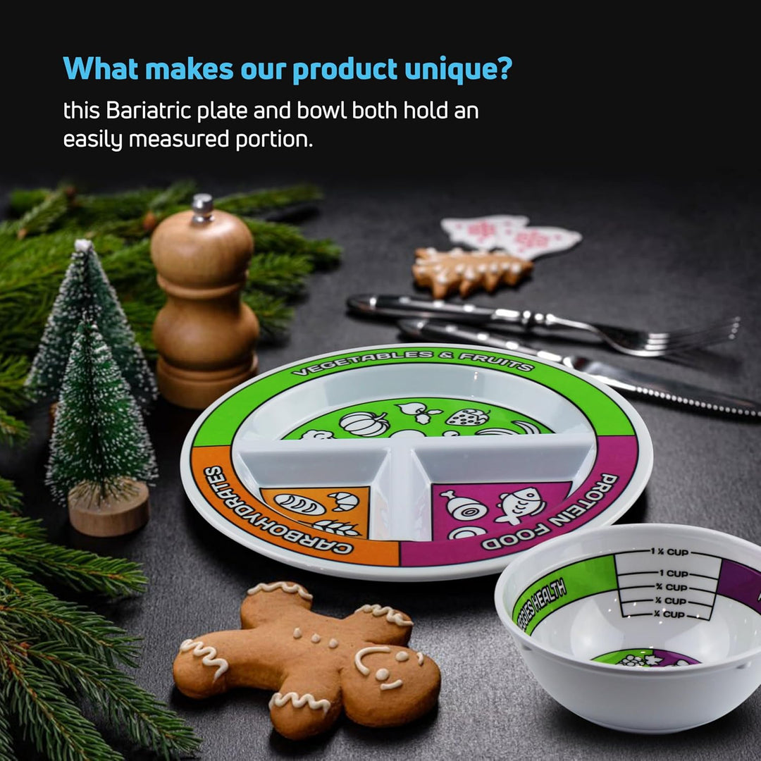 Bariatric-friendly portion control plates & bowls set. Essential dinnerware for diet, weight management & healthy lifestyle.