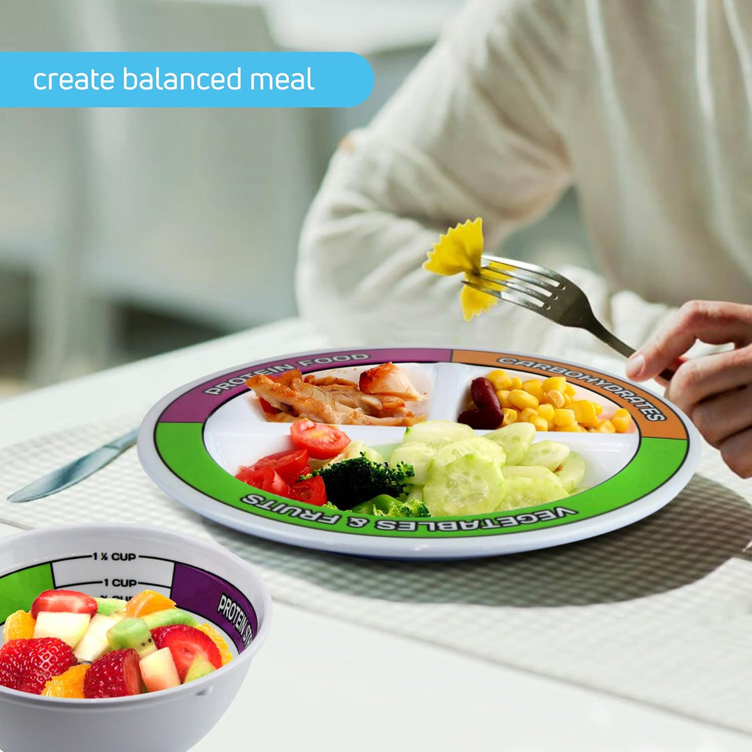 View of a 4-piece portion control dinnerware set: self-measure plates & bowls for diet, weight loss & healthy eating.