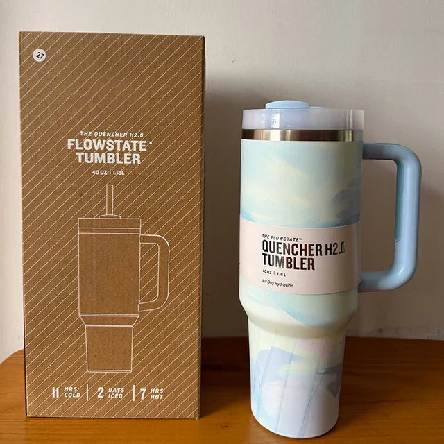 BPA-free 40 fl oz vacuum insulated water bottle tumbler with straw and secure lid.