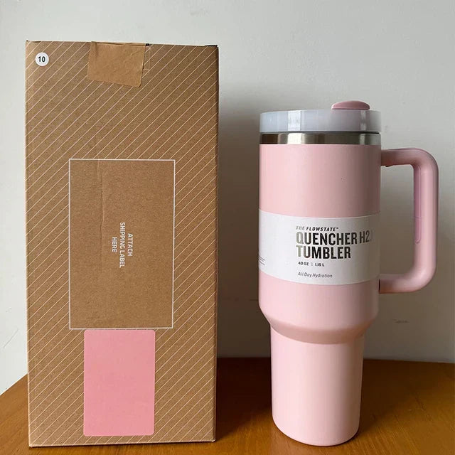 Stainless steel 40 fl oz tumbler, vacuum insulated, with straw and lid for versatile use.
