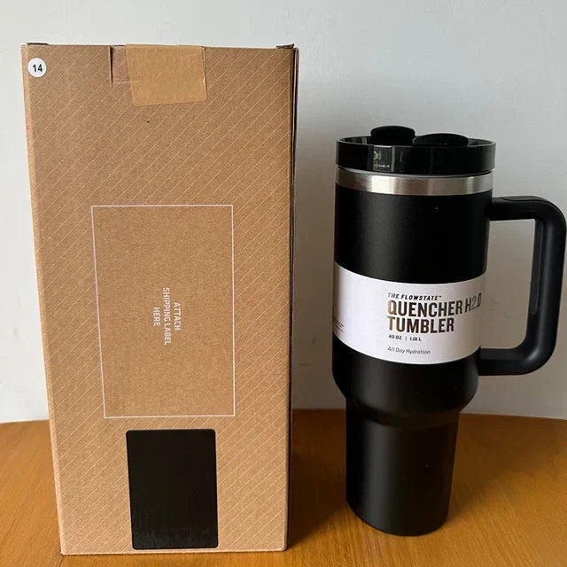 Powder-coated 40oz insulated travel cup, complete with straw and tight-fitting lid.