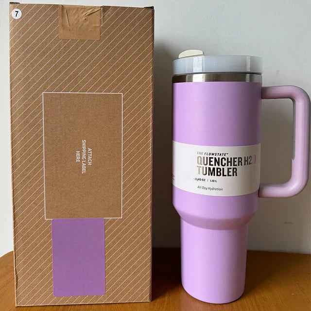 Unisex 40 fl oz vacuum insulated hydration bottle, reusable, with straw and lid.