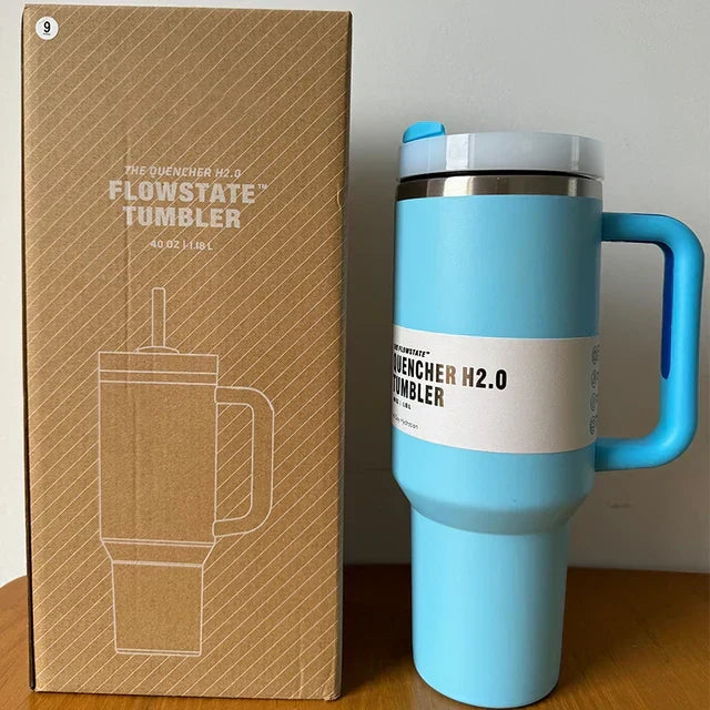Large 40oz reusable tumbler, vacuum insulated, with straw and lid for active lifestyles.