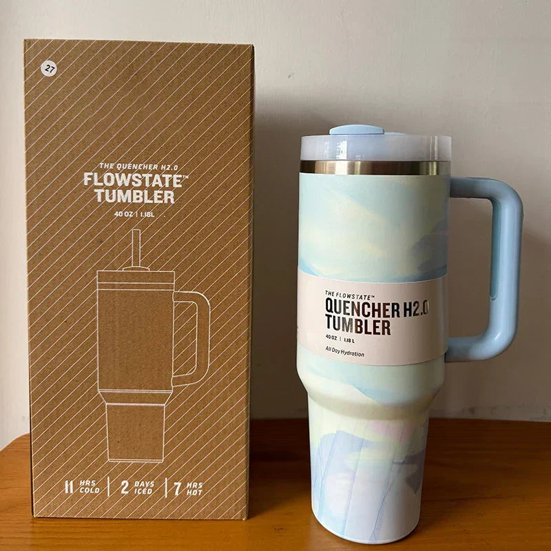 Eco-friendly 40oz insulated travel mug, BPA-free, with straw and secure lid.