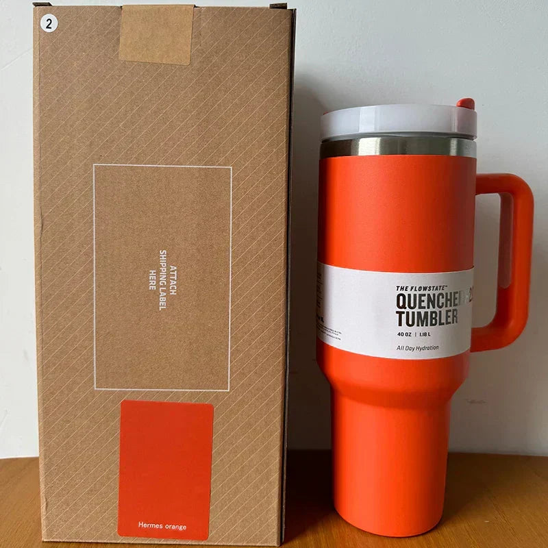Unisex 40 fl oz travel tumbler with straw lid, vacuum insulated, for portable hydration.
