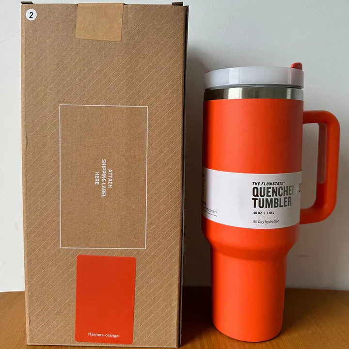 Unisex 40 fl oz travel tumbler with straw lid, vacuum insulated, for portable hydration.