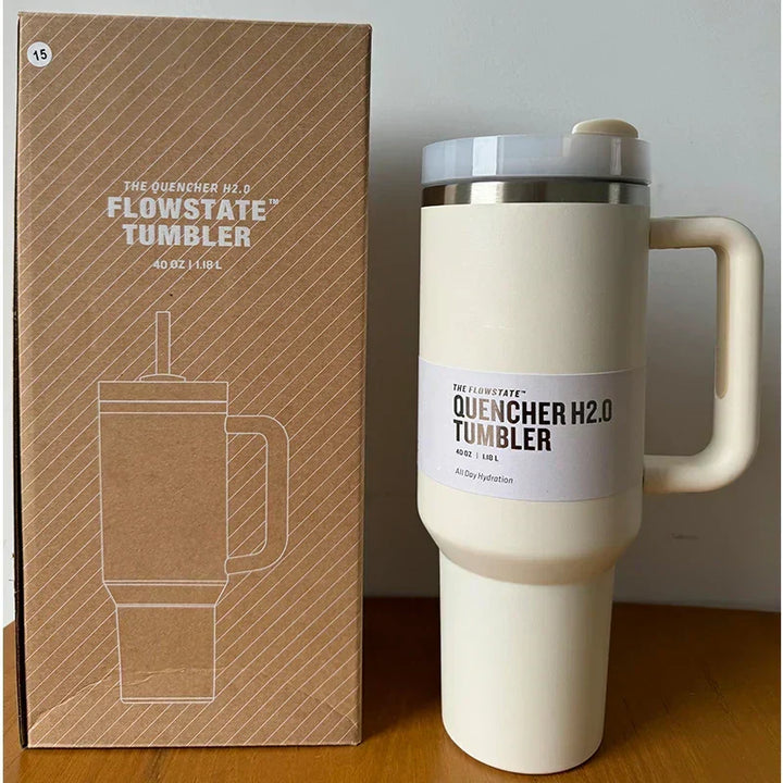 Stylish 40 fl oz vacuum insulated drinkware with straw and lid, for hot or cold liquids.