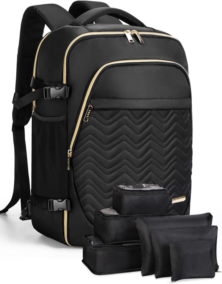 Open 40L travel backpack displaying included 6 packing cubes for organized, efficient, and lightweight travel.