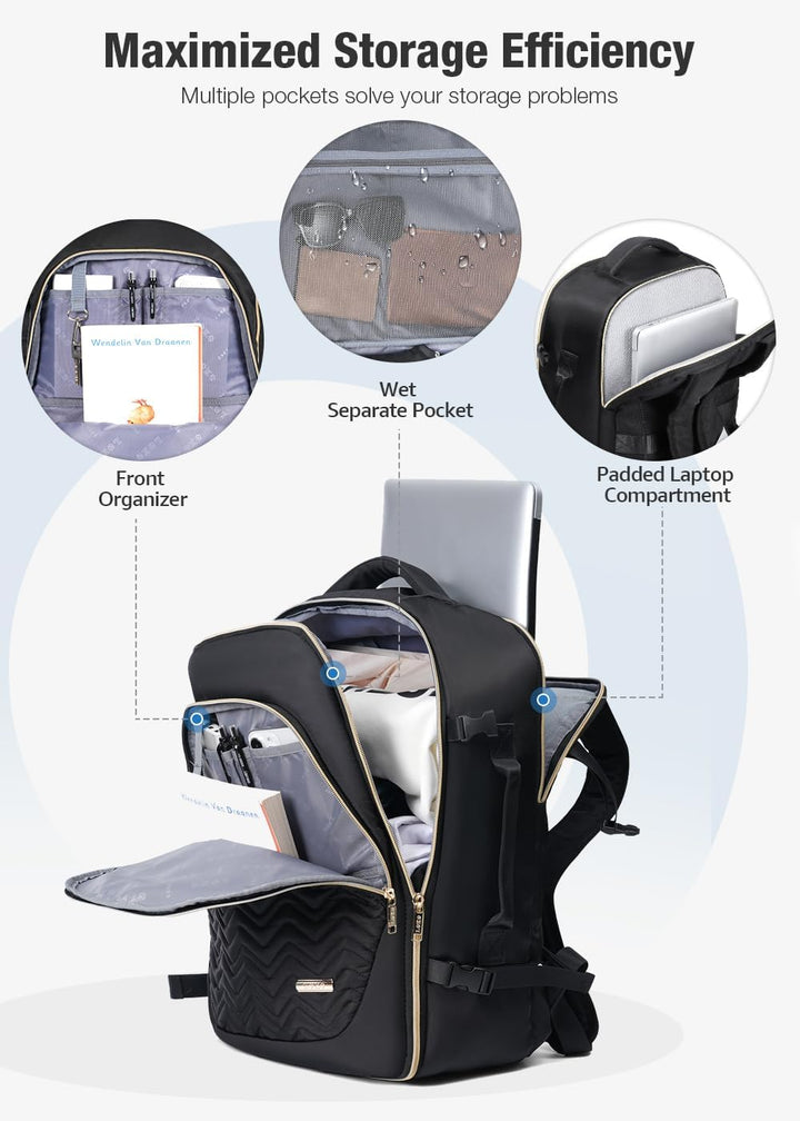 Unisex model carrying a 40L travel backpack, perfect as an airline-approved carry-on or weekend bag.