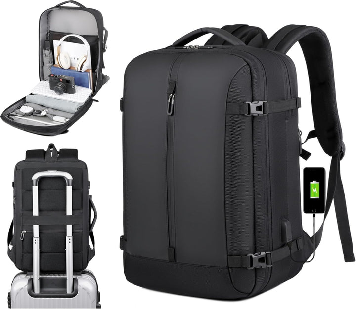 Unisex 40L expandable travel backpack, waterproof, with USB port, ideal for 17" laptop, carry-on size