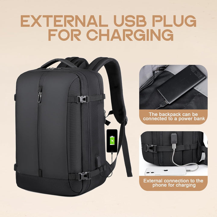 Waterproof unisex travel backpack, 40L, with built-in USB charging port, perfect for college or business