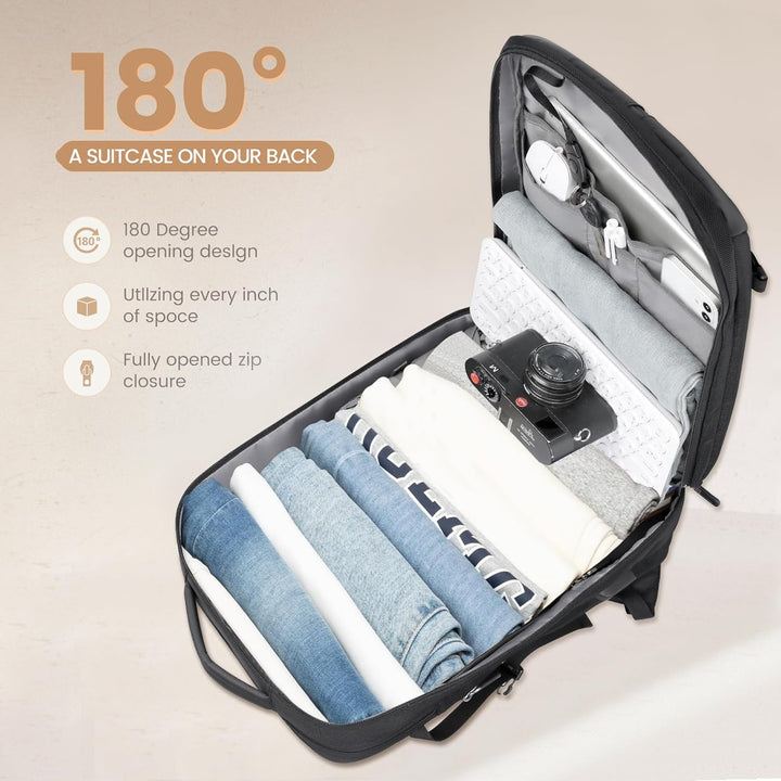Versatile 40L travel backpack for men and women, expandable design, includes USB charger, and laptop compartment