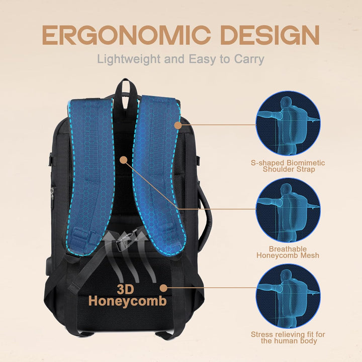 Durable unisex 40L college travel bag, expandable, with USB charging functionality and secure 17" laptop space