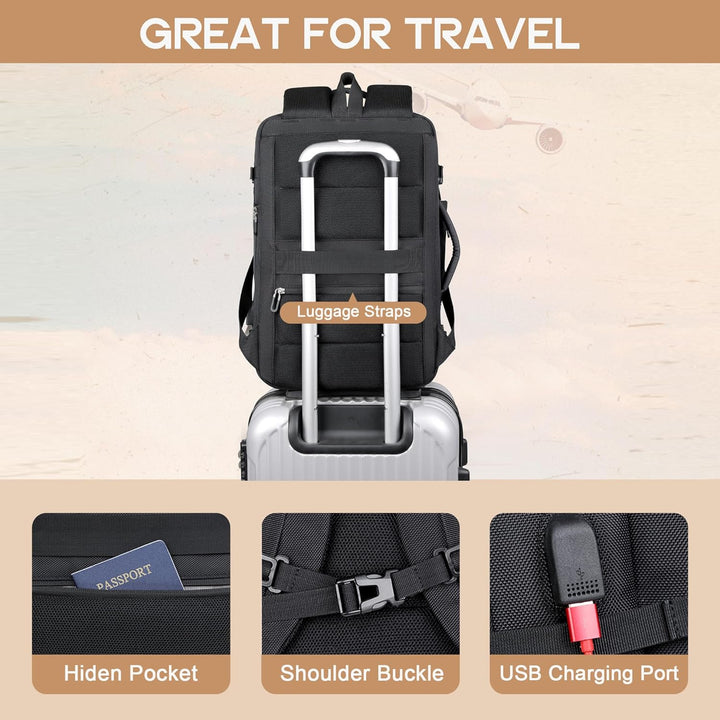Travel-ready expandable 40L backpack, unisex, waterproof, multiple compartments, and USB port for devices