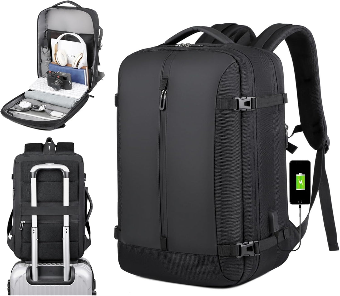Unisex 40L expandable travel backpack with USB charging port & 17" laptop compartment. Perfect for travelers.