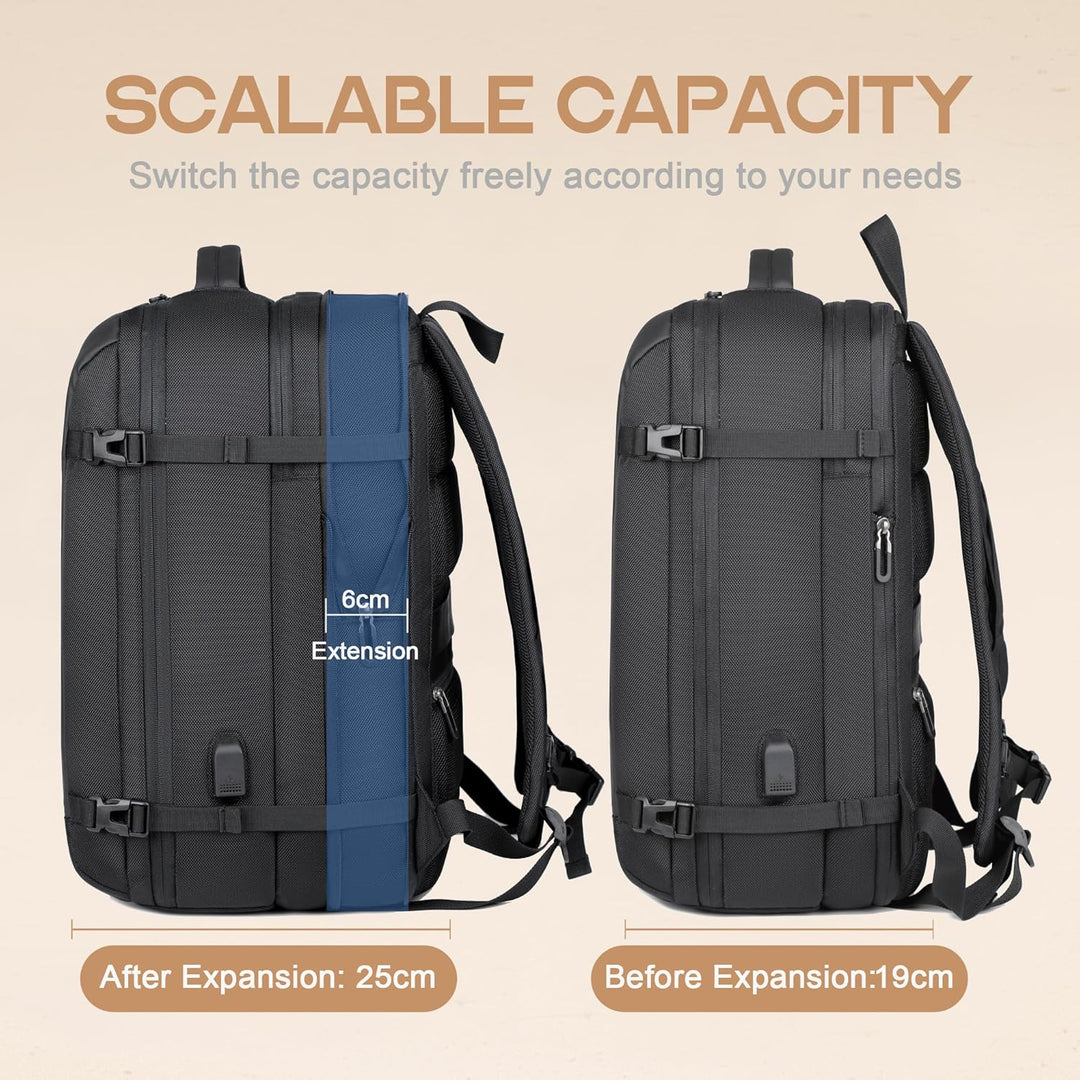 Durable 40L expandable laptop backpack, ideal for travel, work, or school; includes USB charging.