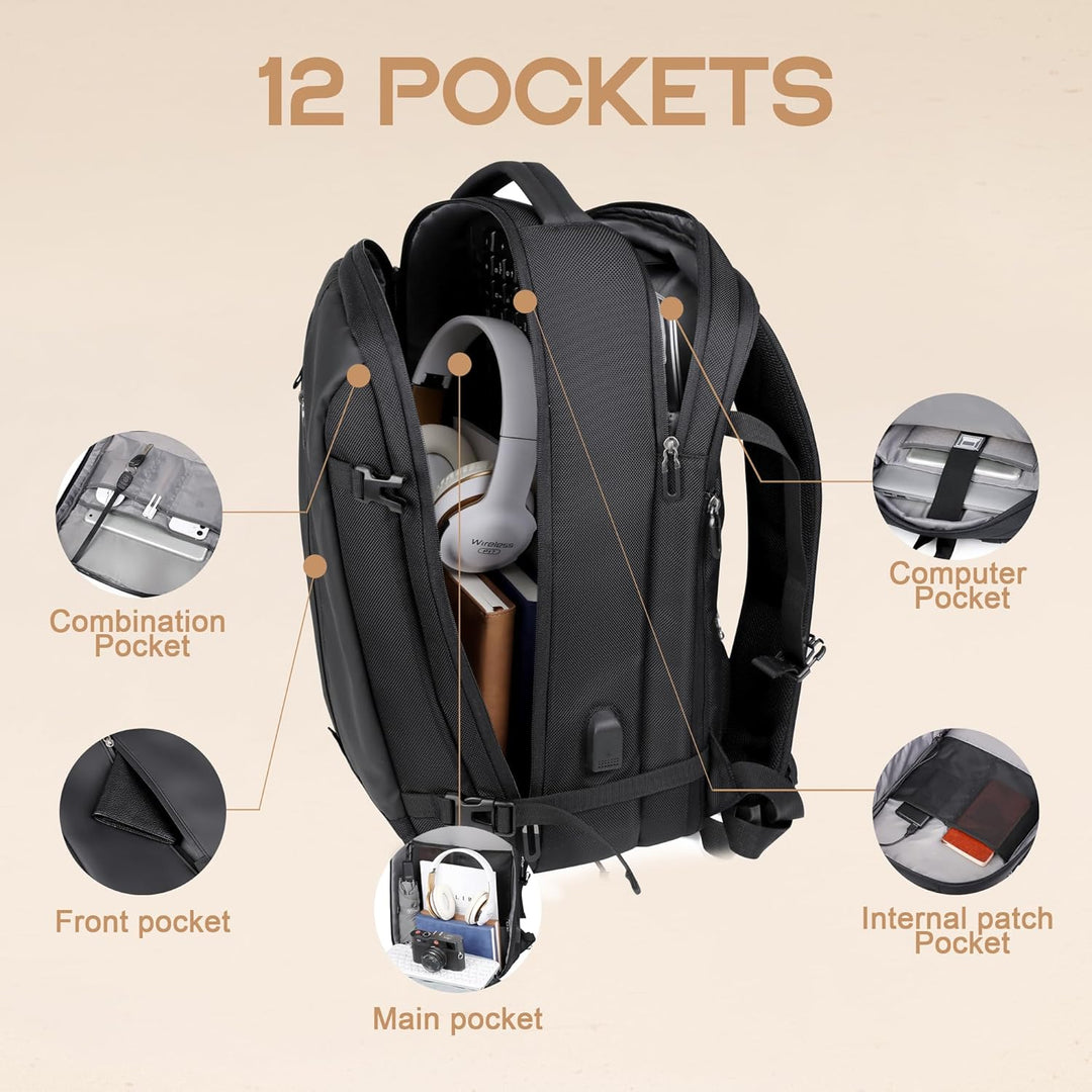 Front view of a black unisex 40L travel backpack, expandable & anti-theft, with integrated USB port.