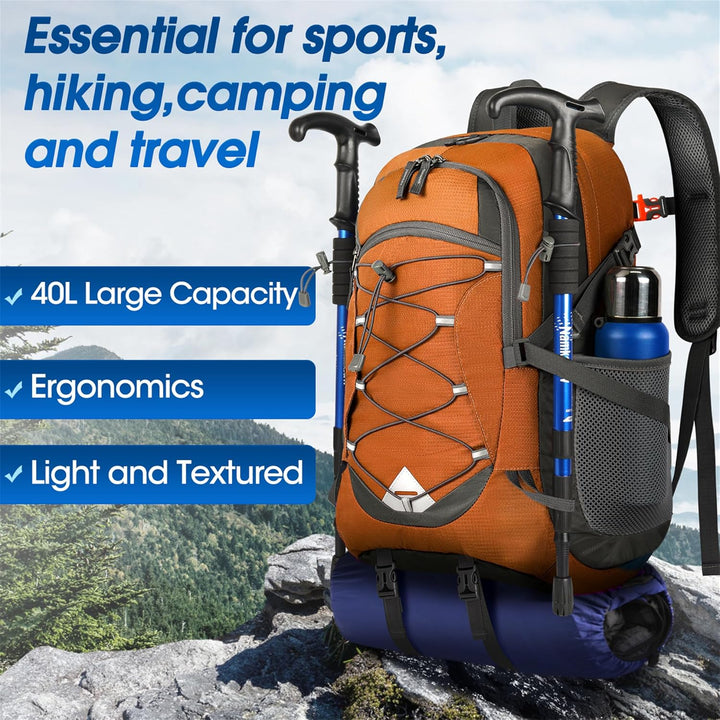 Unisex 40L waterproof hiking bag, lightweight & packable for camping & outdoor trekking.