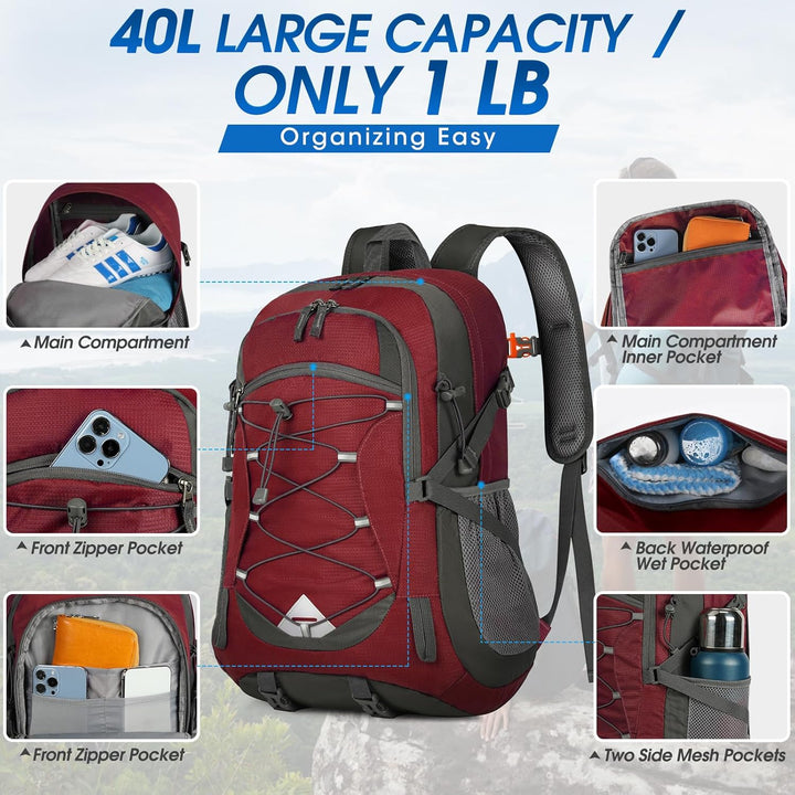 Durable 40L waterproof camping backpack, lightweight & packable. Unisex hiking rucksack.