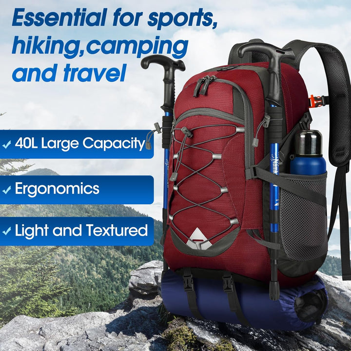 Waterproof 40L hiking rucksack, lightweight & packable. Unisex design for camping & trekking.