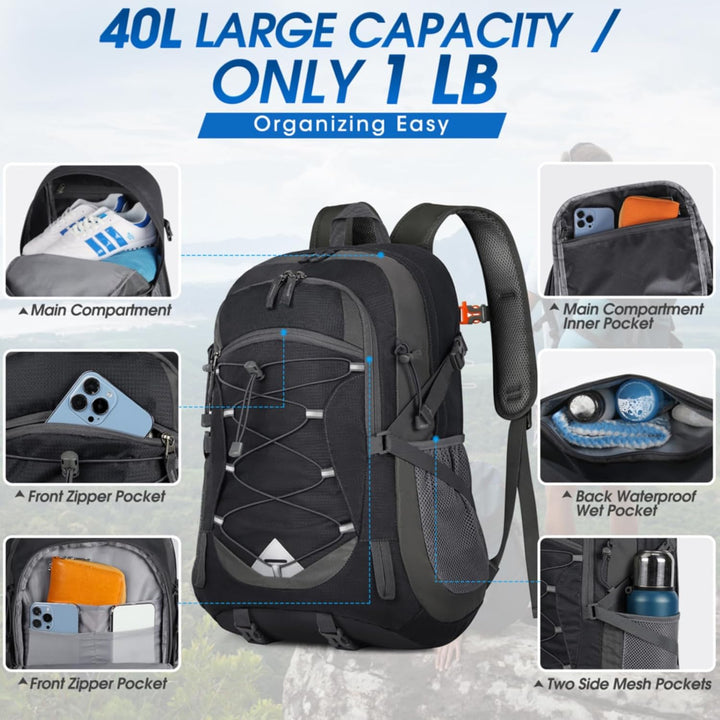Lightweight 40L waterproof trekking backpack, ideal for hiking & camping. Unisex travel rucksack.