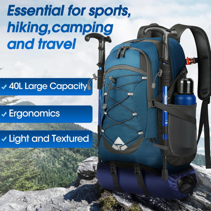 Durable 40L waterproof travel rucksack, lightweight & packable. Unisex for hiking & camping.