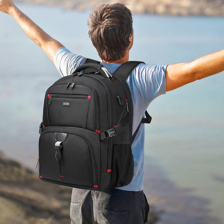 Unisex 50L water-resistant travel laptop backpack with USB charging port, ideal for travel & commuting.