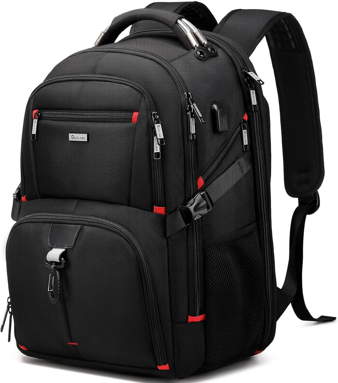 Extra-large 50L travel backpack, water-resistant with laptop compartment & USB port for long trips.