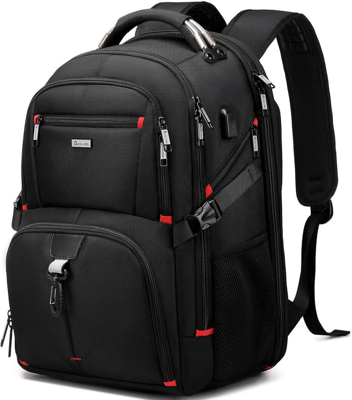 Extra-large 50L travel backpack, water-resistant with laptop compartment & USB port for long trips.