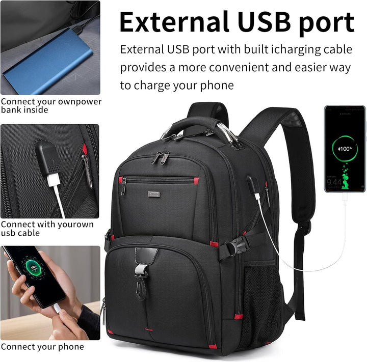 Airport friendly 50L travel backpack, water-resistant, with laptop sleeve & integrated USB charging.