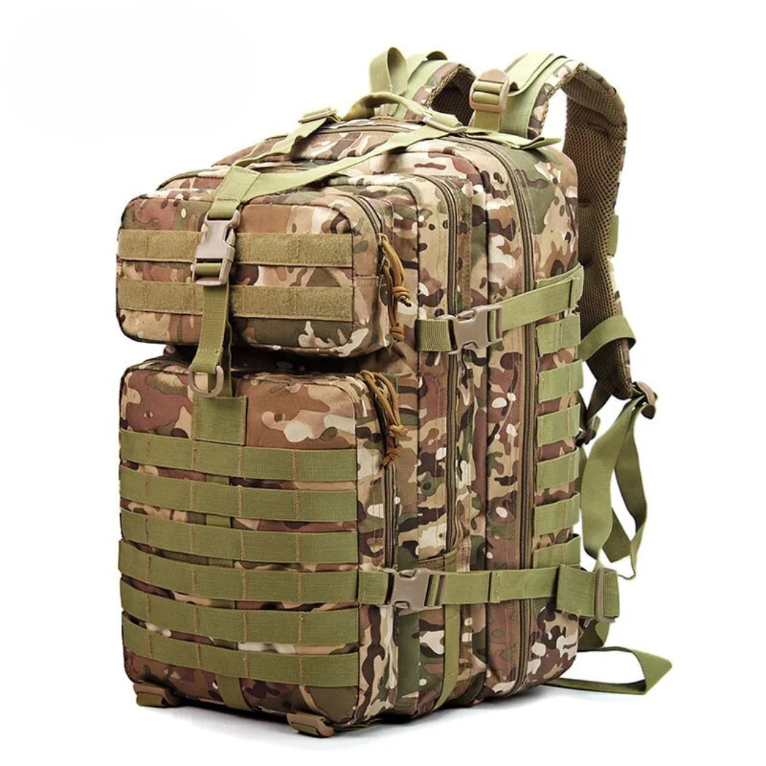 Military style durable tactical travel backpack, waterproof for all weather.