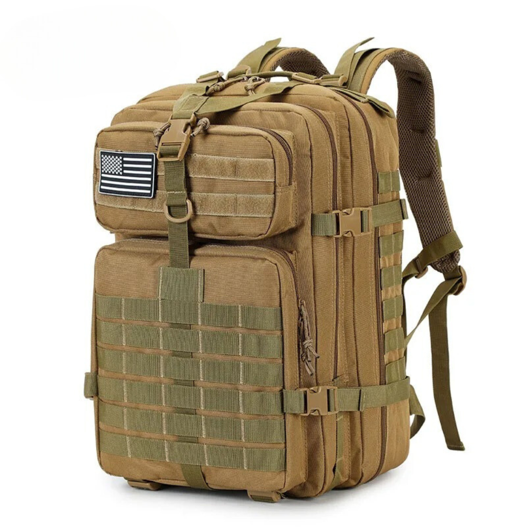 Unisex 50L waterproof tactical backpack, perfect for laptops & travel essentials.