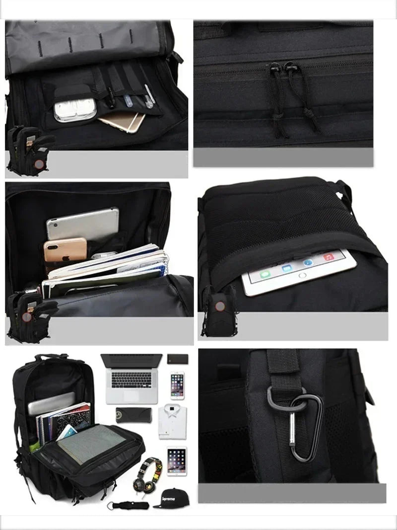 Heavy-duty waterproof 50L tactical backpack, protecting gear on hikes & travels.