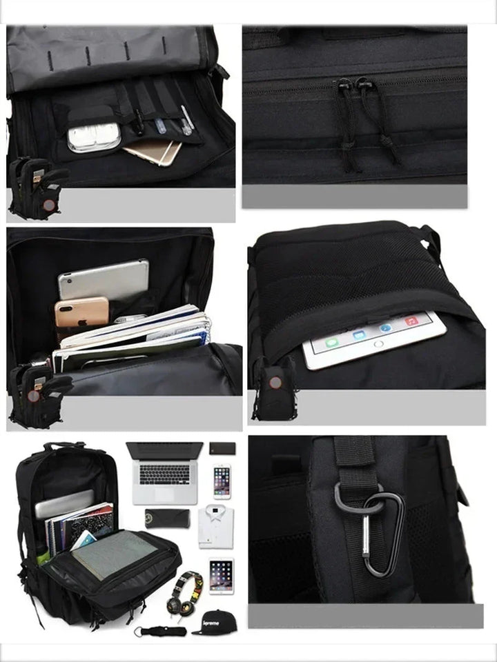 Heavy-duty waterproof 50L tactical backpack, protecting gear on hikes & travels.